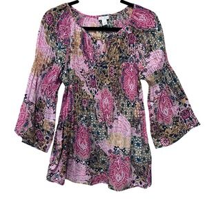 Vtg Spense Y2K Bell Sleeve Smocked Tunic Top Gold Pink Fairy Whimsigoth Medium